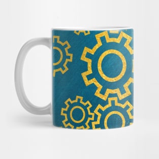 Golden gears on a beautiful blue background Mug